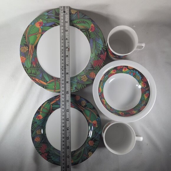 MALA Melamine Jungle Parrots & Flowers Set Cups Saucers Bowls Plates 10 Lot - Picture 6 of 15